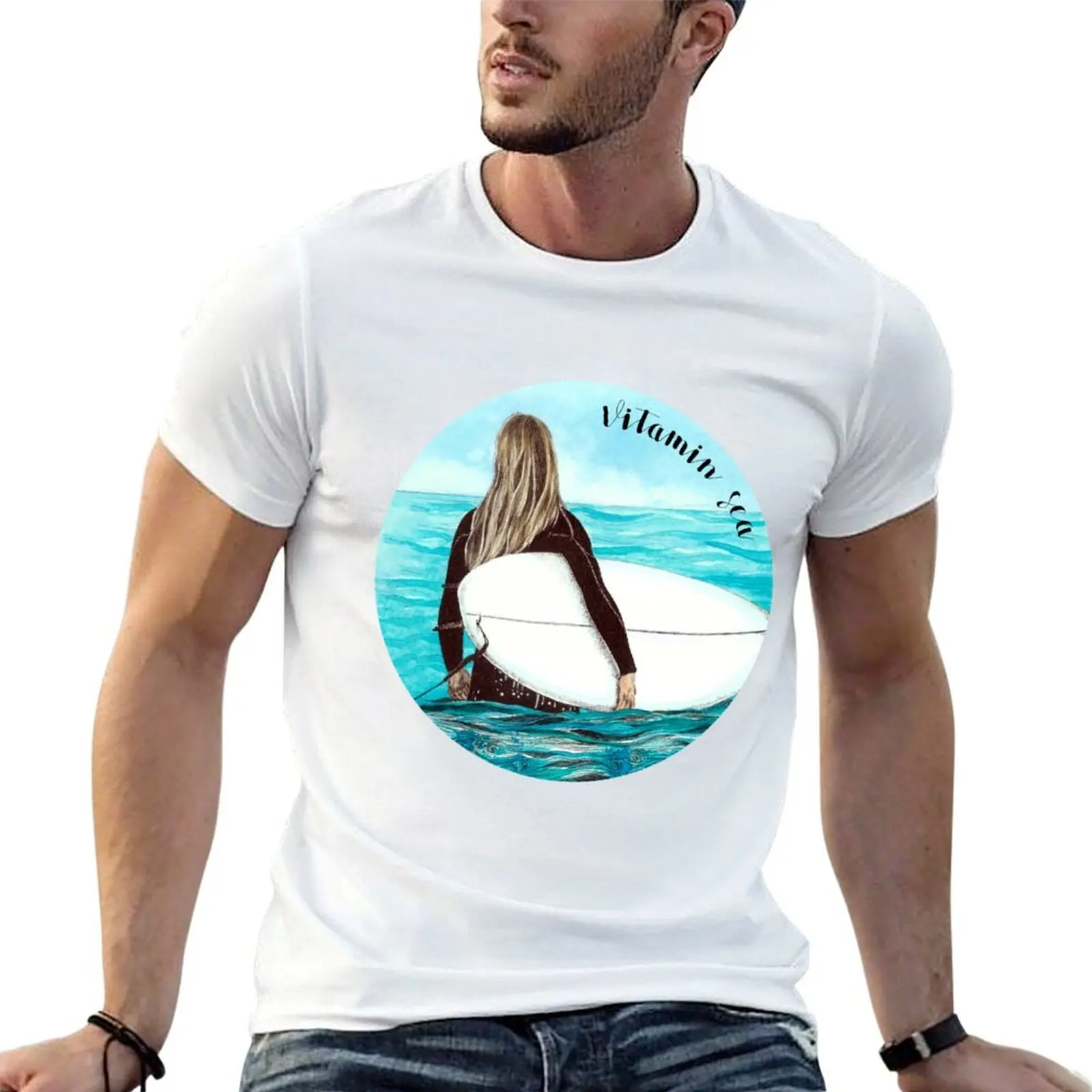 

Vitamin Sea - Blonde surfer girl with white surfboard in turquoise water T-Shirt t shirts for man pack cotton T-Shirt