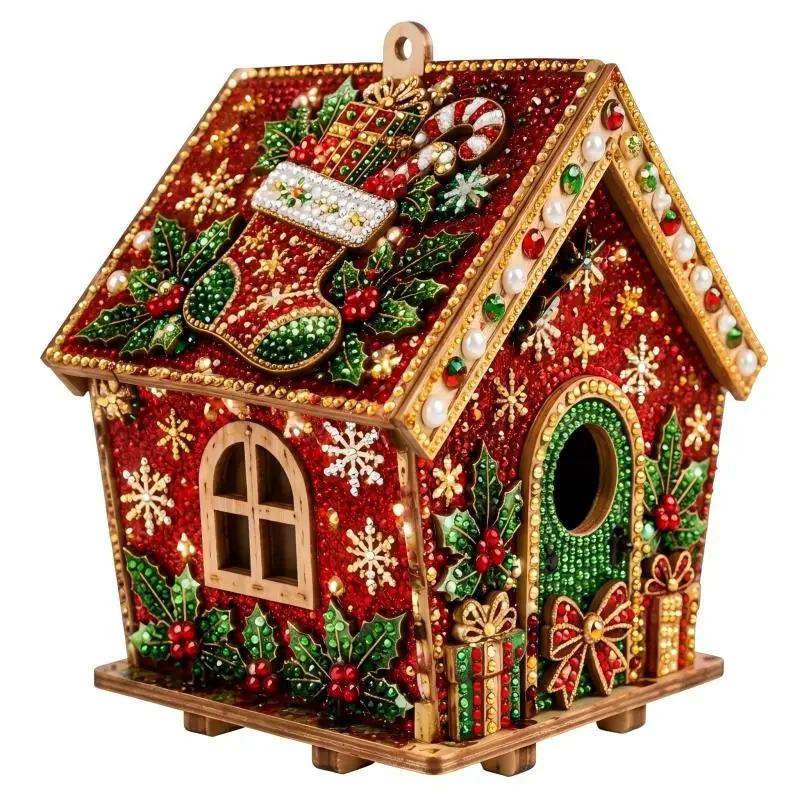 Christmas Collection DIY Pearl Art 3D Wooden House Rhinestone Diamond Craft Set for Kids Adults Handmade Hobby Activity