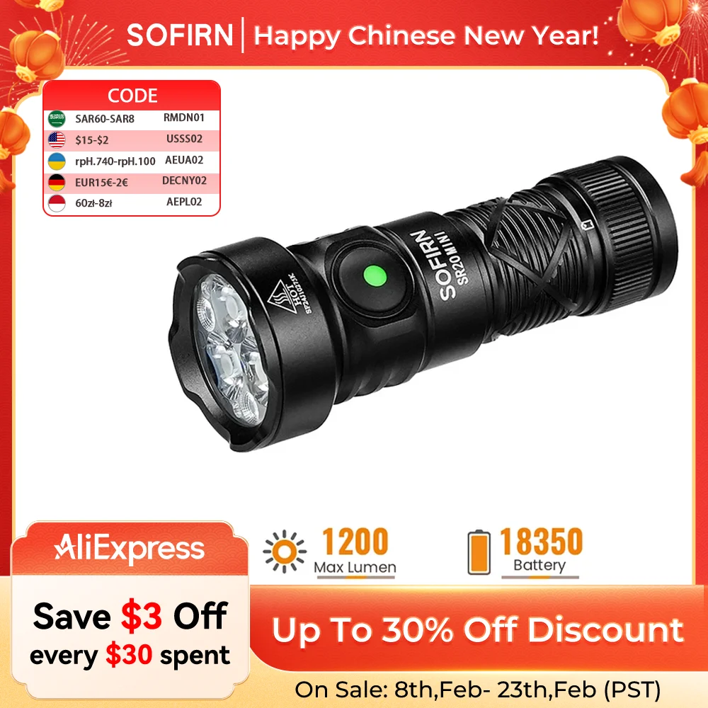 New Sofirn SR20 MINI 1200lm Flashlight 18350 USB C IP68 Waterproof with Red LED Key Light for Camping Emergency Situations