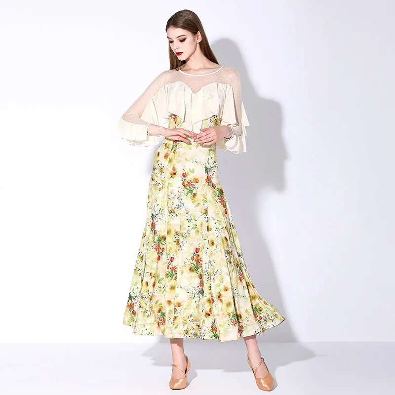 ที่กําหนดเองโมเดิร์นเต้นรําเครื่องแต่งกายมาตรฐานแห่งชาติDancerชุดพิมพ์แขนยาวและLotus Leaf Ballroom Danceเครื่องแต่งกาย