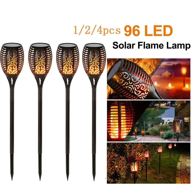 

96 LED Solar Flame Lamp Flickering Outdoor IP65 Waterproof 1/2/4pcs Landscape Yard Garden Light Path Lighting Torch Light