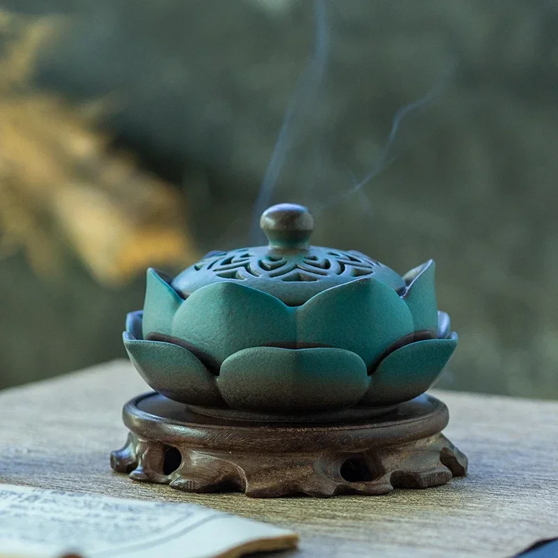 

Imitation Ancient Ceramic Lotus Incense Coil Furnace Wooden Aromatherapy Base Home Interior Tea Ceremony Supplies Incense Tool