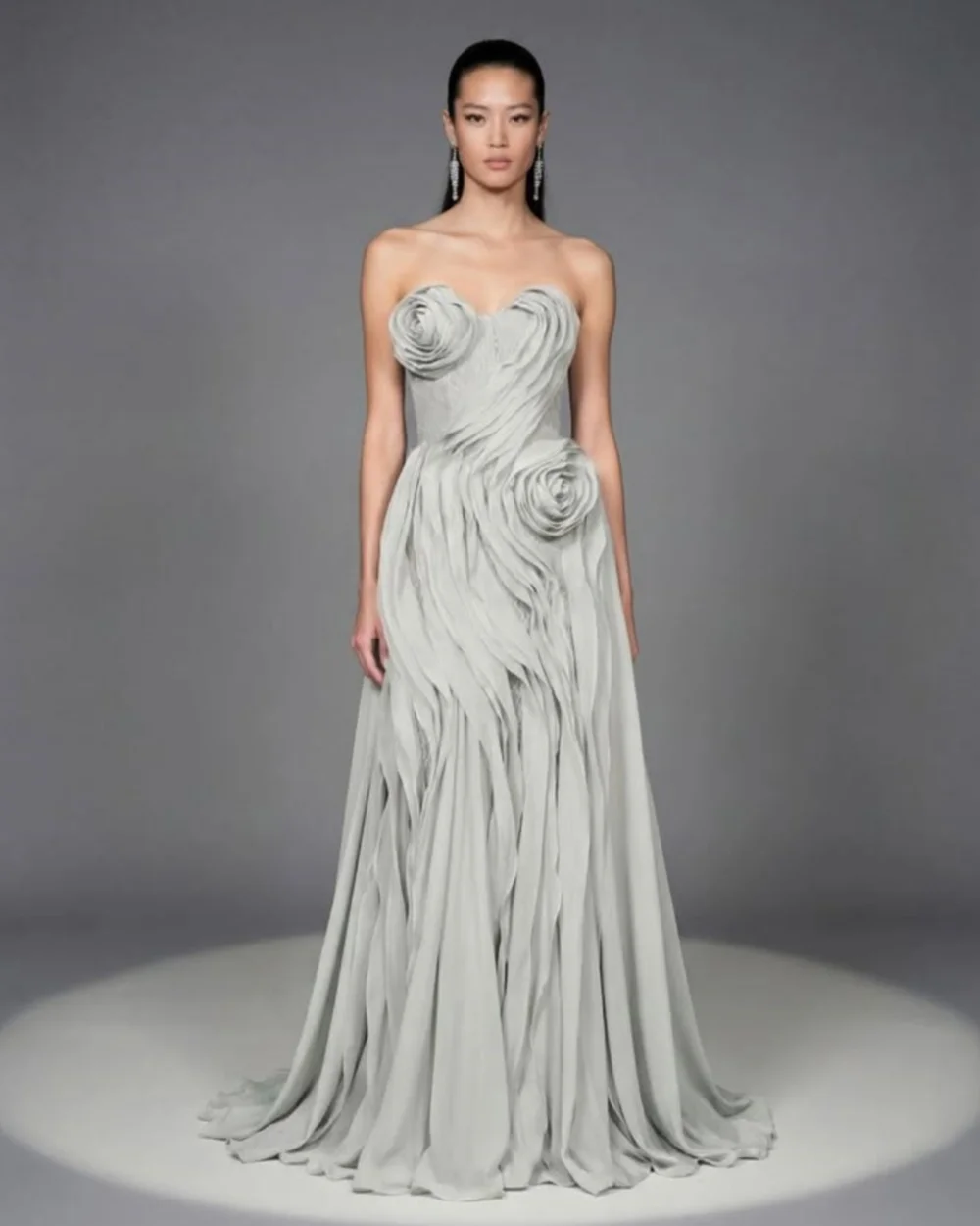 Customized Modern Style Women Jersey Handmade Flower Ruched A-Line Evening Dresses Matching Strapless Sleeveless Prom Dresses