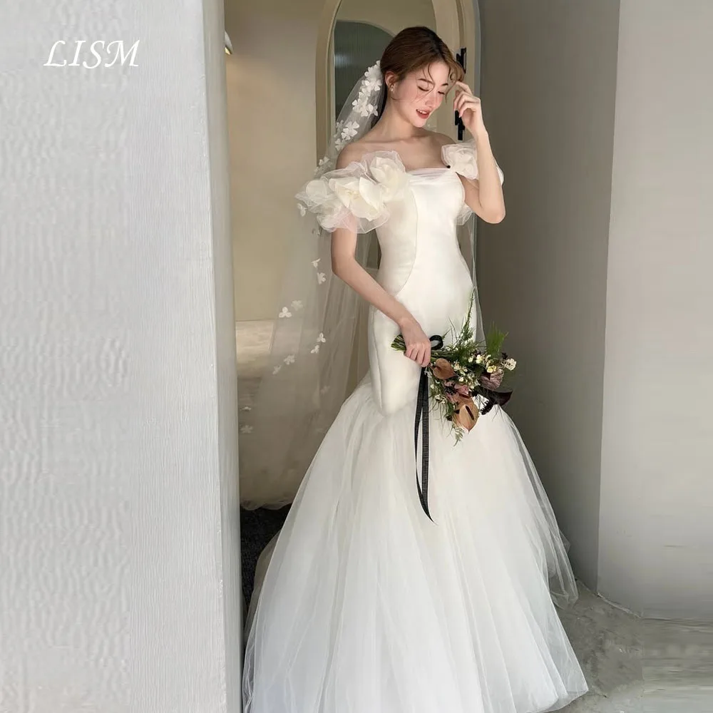 

LISM Off Shoulder Mermaid Korea Wedding Dresses Customized Silk Satin Tulle Long Elegant Bridal Gowns 결혼식 드레 Photo Shoot