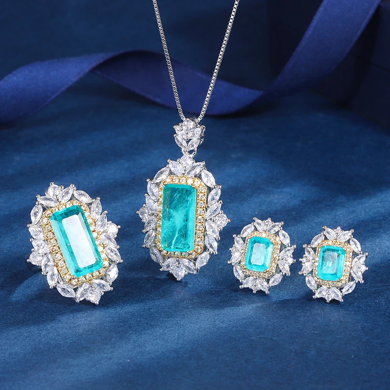 EYIKA Vintage Square Created Ruby Jewelry Set Paved CZ Wedding Flower Paraiba Tourmaline Ring Earring Pendant Necklace For Women