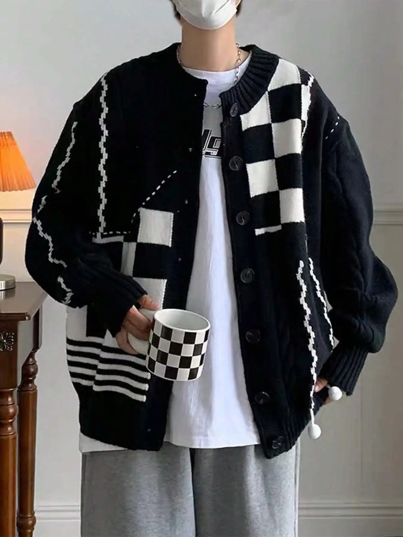 Manfinity Hypemode Men's Loose Fit Plaid Pattern Cardigan Sweater With Open Front Drop Shoulder Chunky Graphic Color Block Plain