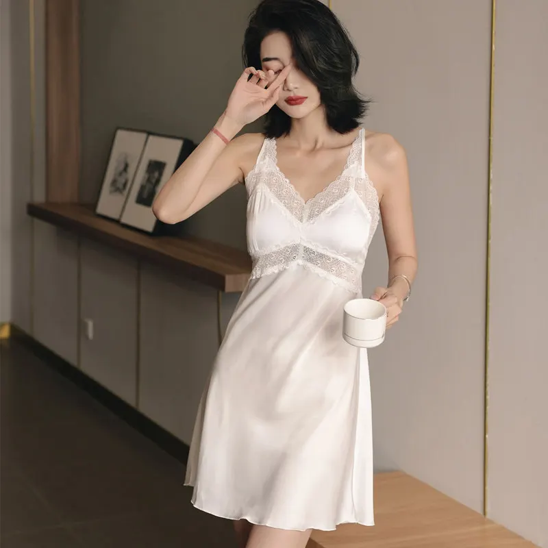 

White Strap Nightgown Womens Satin Nighdress Sexy Hollow Lace Sleepshirt Backless Home Dress Sleepwear Nighty Gown Loungewear