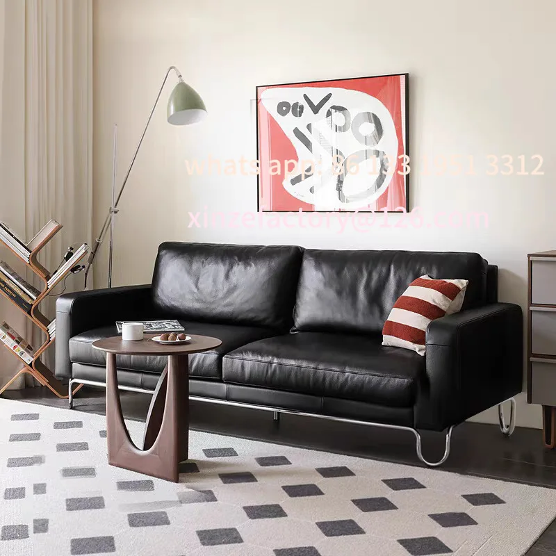 

Customizable medieval retro style full leather high backrest U sofa living room small apartment black cowhide straight row sofa