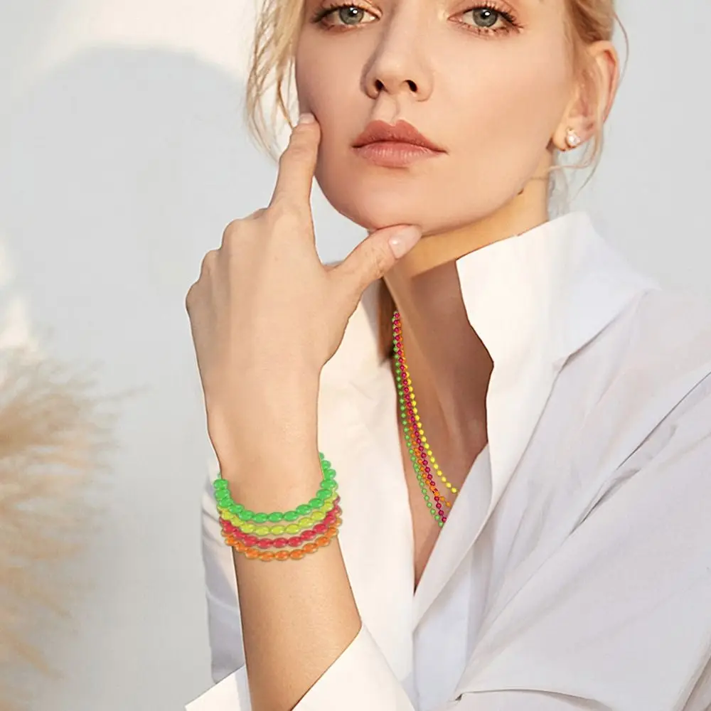 4/8PCS Connected Beads Necklace Bracelet Set Neon Colorful Beads String Collar Charm Bohemian Fluorescent Choker