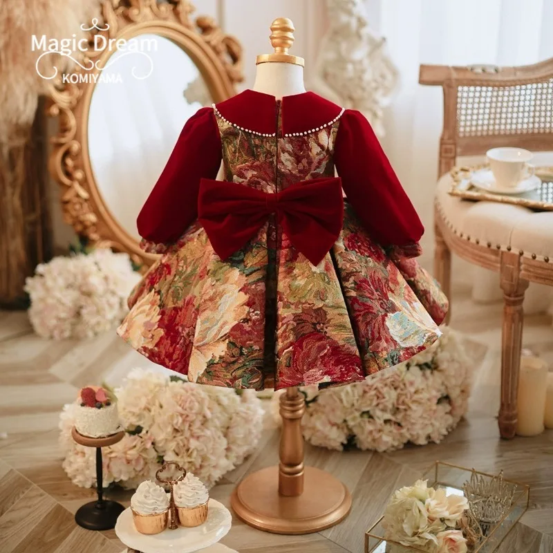 Personalizado luxuoso flor meninas vestido de princesa para crianças elegantes manga longa vestido de baile lolita festa de aniversário vestidos ano novo