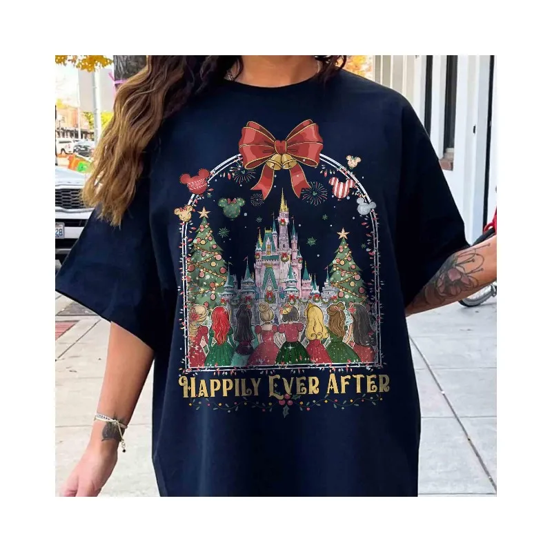 تي شيرت Disney Princess Happily Ever After Christmas Balloon Shirt Magic Kingdom Magic Castle Christmas تي شيرت قطني للجنسين ملابس الشارع #3