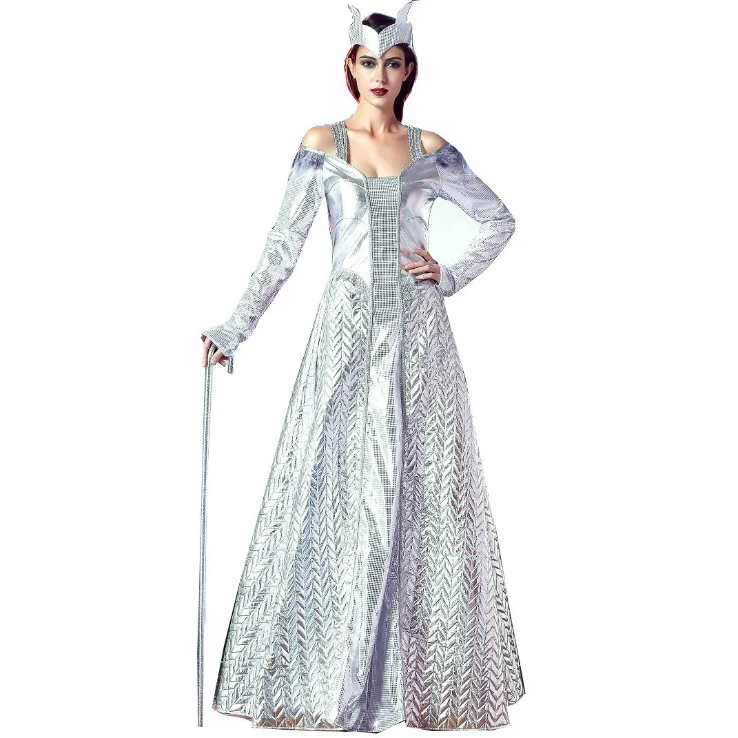 Adult Role Cosplay Anime Evil Queen Costume Luxurious Sliver Evil Magic Mirror Queen Long Dress Halloween Carnival Party Costume