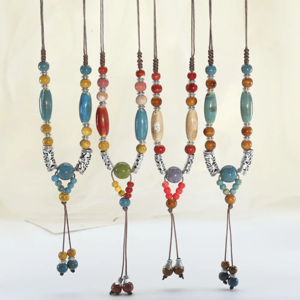 

Bohemian Ceramic Bead Necklace with Adjustable Cord Vintage Alloy Accents Earthy Tones Handmade Ethnic Jewelry for Women