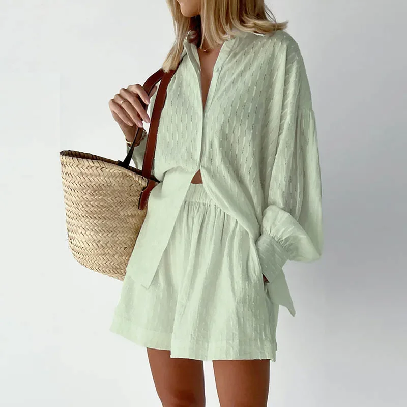 2024 Summer Women White Shorts Sets Hollow Loose Shirt And Shorts Suit 2 Piece Set Fabric Lantern Sleeve Female Outfits Homewear