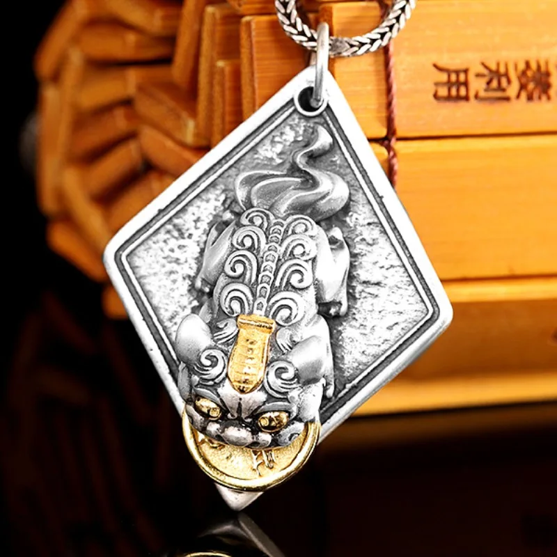 

Real Solid 925 Sterling Silver Men Women Lucky Rich Carved Coin Pixiu Rhomboid Pendant 14g