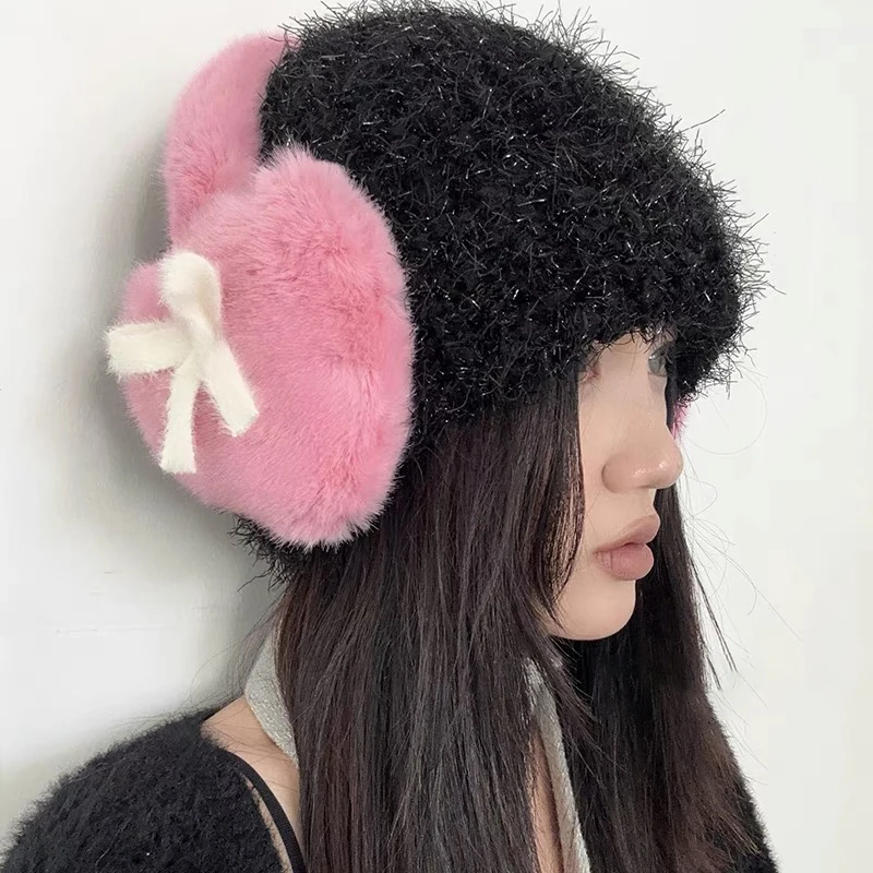 Orejeras con nudo de lazo para mujer, tapones para los oídos de felpa gruesa, esponjosos, Kawaii, corazón, protección contra el frío, japonés, JK,