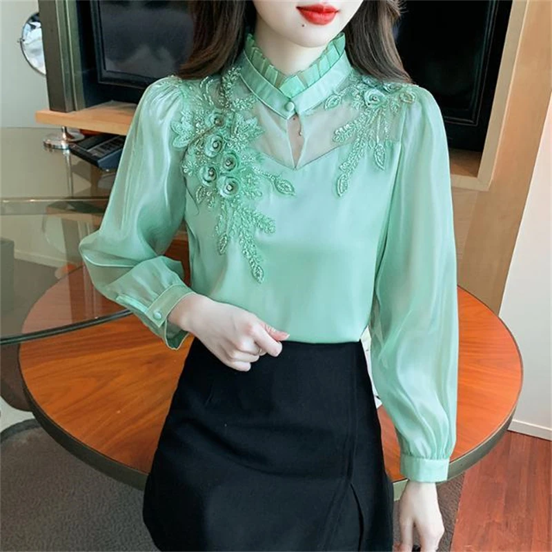 Women Satin Vintage Embroidery Elegant Blouses Spring Autumn Fashion Stand Collar Sexy Hollow Shirts Green Long Sleeve Chic Tops