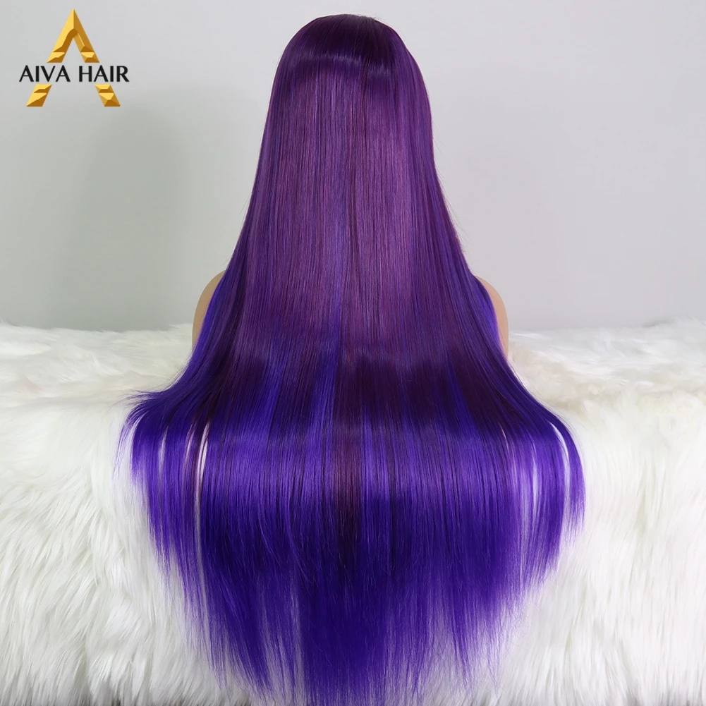 Ombre Purple Color Synthetic 13x4 Lace Front Wigs Long Straight Hair 180 Density High Temperature Cosplay Wigs For Black  Women