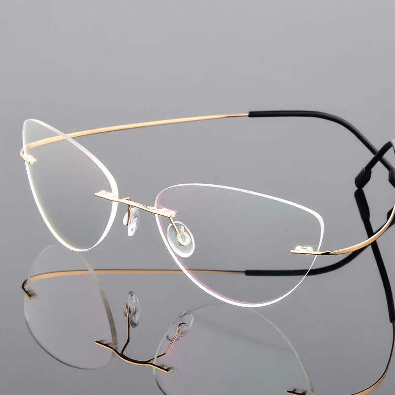 Titan Legierung Randlose Anti Blau Licht Lesebrille Für Frauen Cat Eye Metall Presbyopie Brille HD Augenschutz Leser – Detail 6