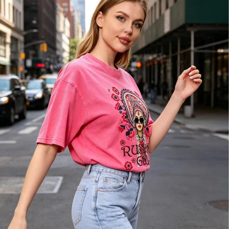 Vintage Russian Girl Pink Graphic Washed Oversized T-Shirt Folk Art Print O-Neck Tee Retro Streetwear Women Sweet Lady Футболка