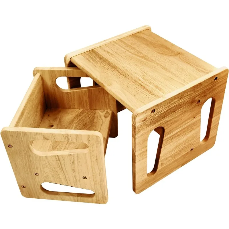 

Table and Chair Set - Solid Wooded Toddler Table - Cube Chairs for Toddlers - Real Hardwood - Kids Montessori Furniture