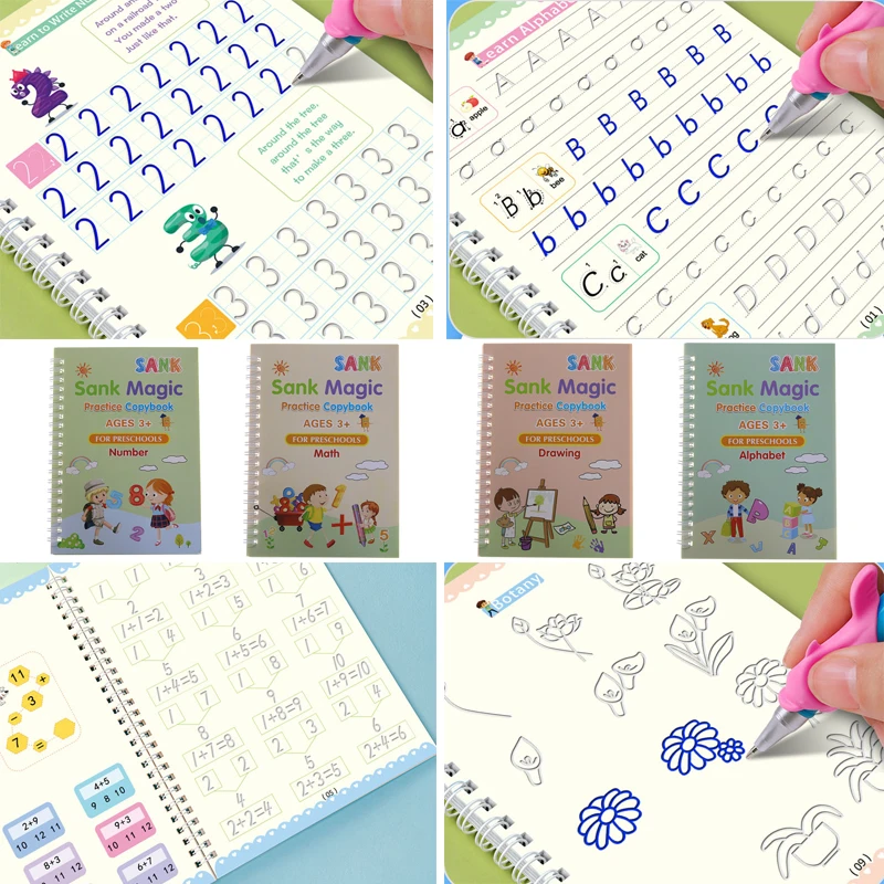 (4 Books and Pens/1 Set) Magic Copybooks Children's Writing Reusable Erasing-Free English Math Drawing Practice Copybooks