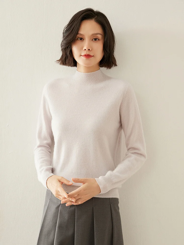 Sweater kasmir rajut wanita, Atasan pakaian dasar kasual musim dingin 100%, Sweater kasmir leher tiruan hangat, Sweater rajut untuk wanita