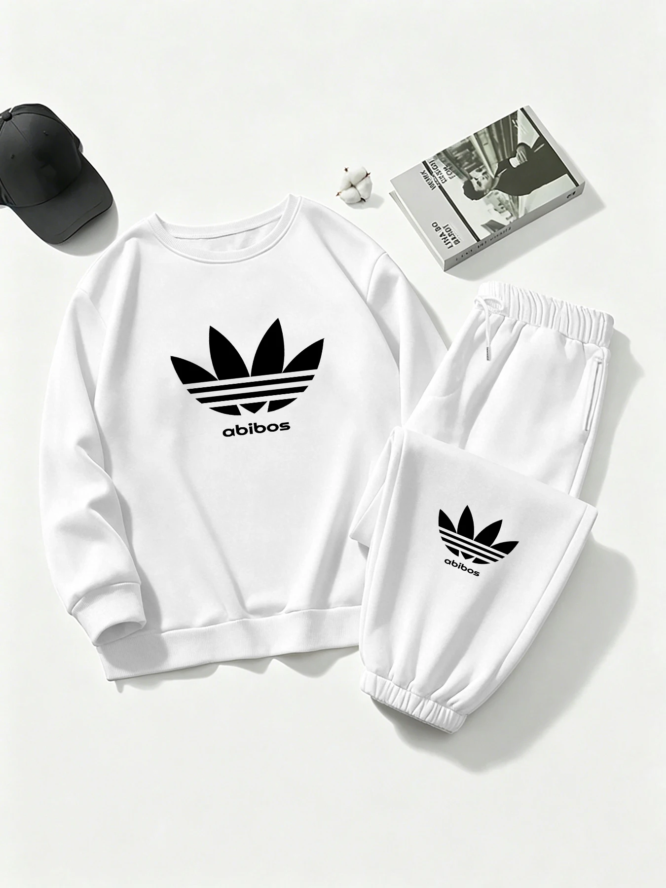

American-Style Sports Casual Sweatshirt Set, Women's Two-Piece Set with Clover Line Print, Loose Slim-Fit Casual Outfit, Crew Neck Long-Sleeve Top and Jogger Sweatpants, Spring and Autumn Daily Wear, Women's Clothing