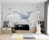 Large Watercolor Whale Shark Turtle  Wall Sticker Boy Room Sea Life Ocean  Neutral Wall Decal Playroom Home Decor