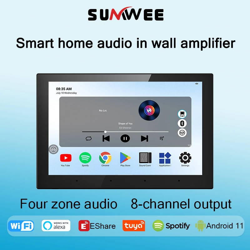 

Four zone audio WIFI bluetooth sound in wall amplifier Voice control TUYA smart home theater touch screen android 11 music panel