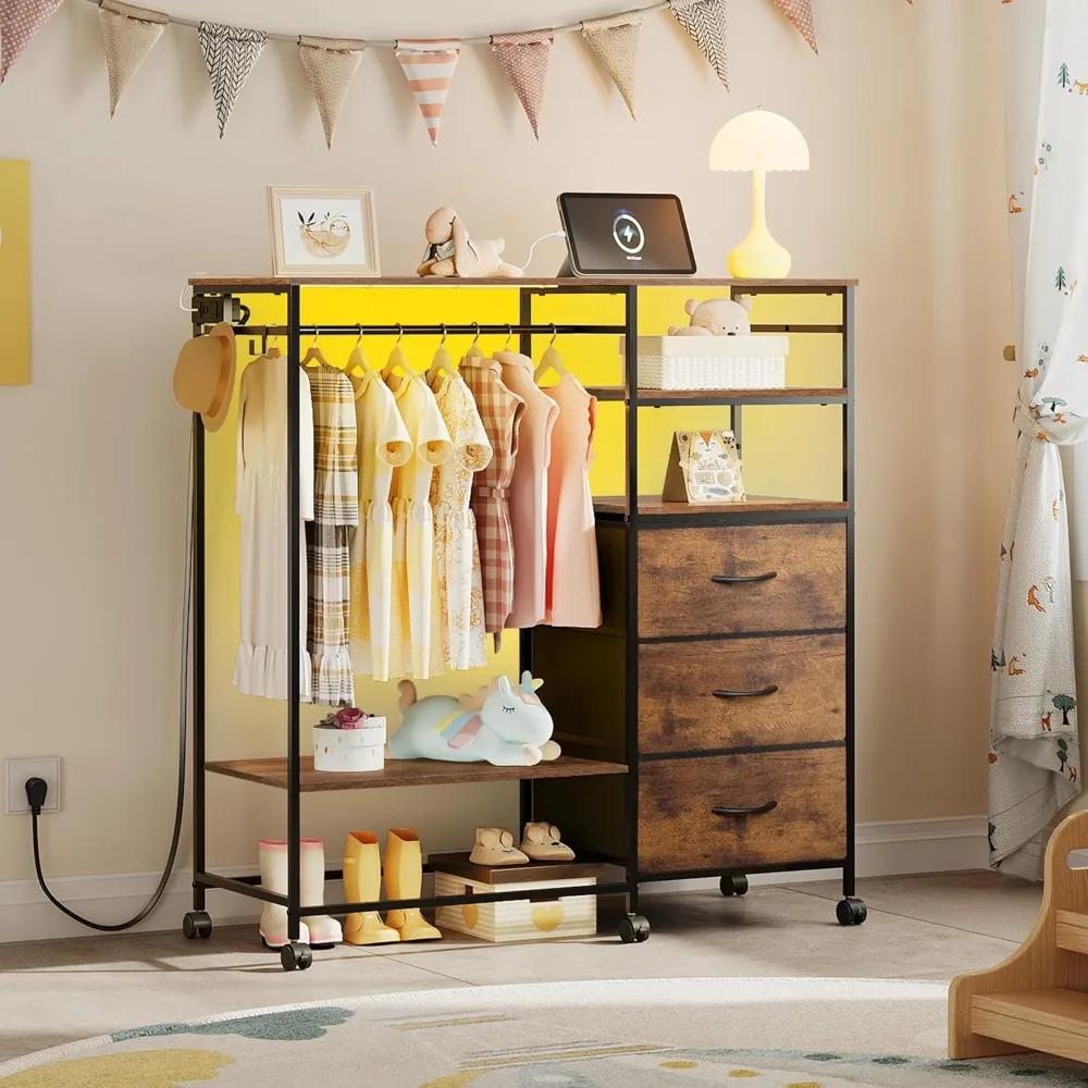 42'' LED Dresser with Charging Station, 3 Drawers & Hanging Rack, Fabric Storage Organizer with Open Shelves, Brown