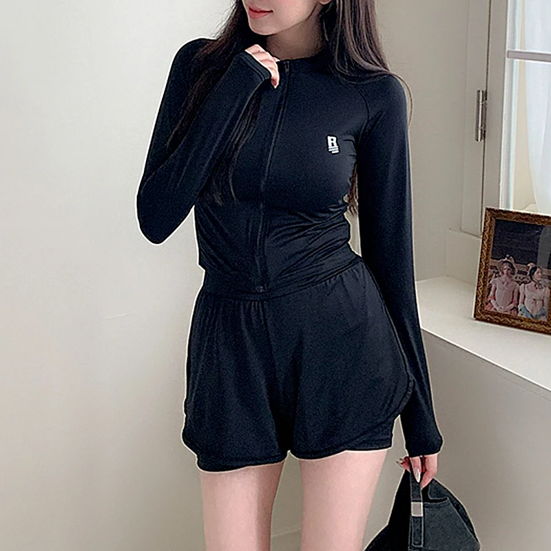 Ladies Swimwear Long Sleeves 3 Pieces Beach Wear Black Long Sleeves Coat Summer Rashguards Padded Korean Style Sports Suit