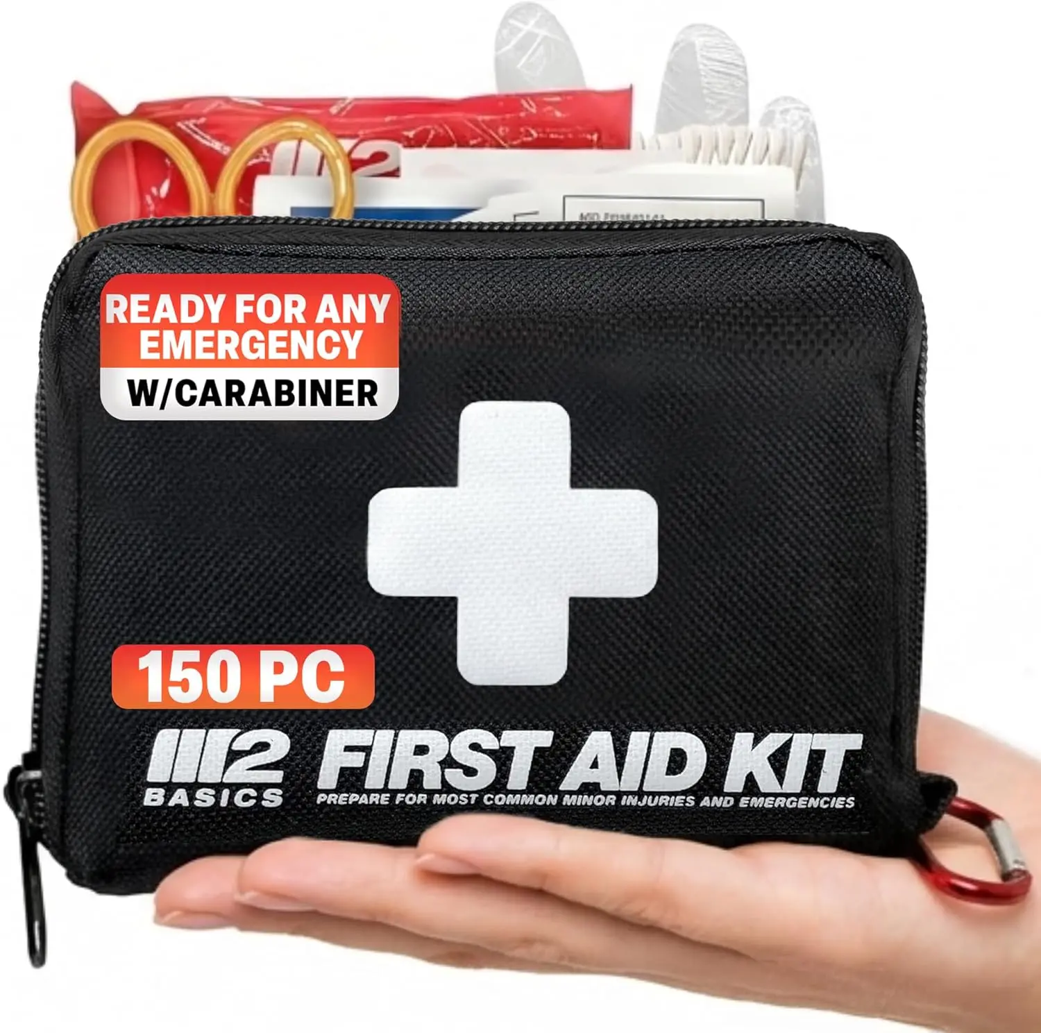 

Compact 150 Piece First Aid Kit with Carabiner for Travel, Car, Hiking