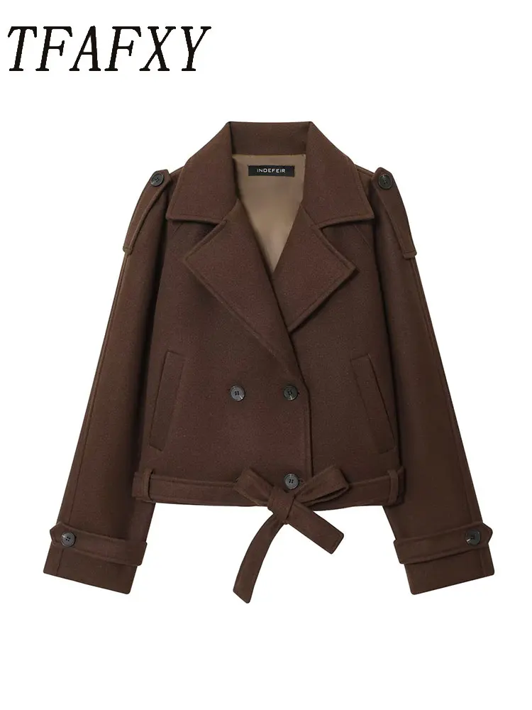 

TFAFXY Women's 2025 Winter New Fashion Coat Long Sleeve Double-breasted Lapel Waist Belt Decorative Short Woolen Coat