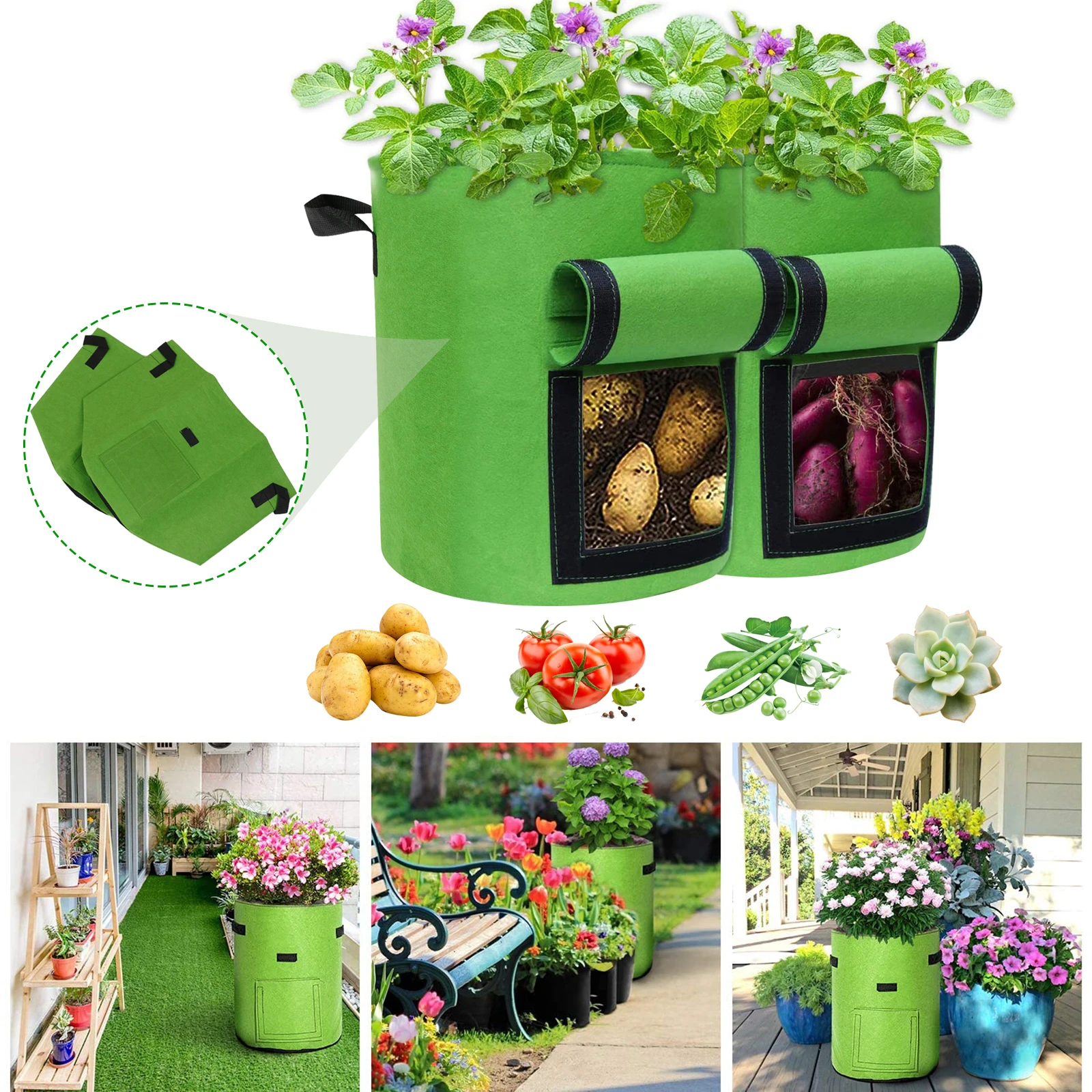 

2pcs Plant Grow Bags Non Woven Fabric Durable Storage Potato Vegetable Large Capacity Reusable Bag