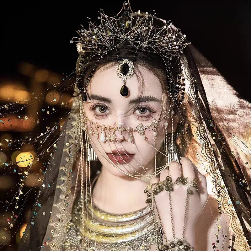 Exotic Style Black Tassel Crown Dark Western Pearl Forehead Ornament Studio Trip Shoot Headdress