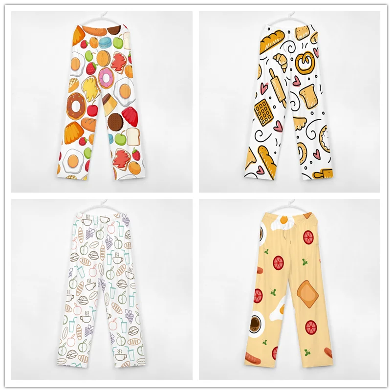 Pantalones de pijama con patrón de desayuno para hombre y mujer, ropa de dormir supersuave, Unisex, con bolsillos y cordón