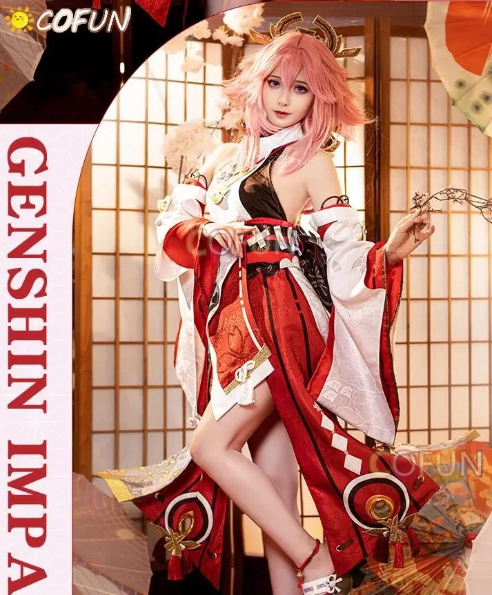 COFUN Genshin Impact Yae Miko Game Suit Elegant Kimono Uniform Cosplay Costume Halloween Party Role Play Outfit For Women