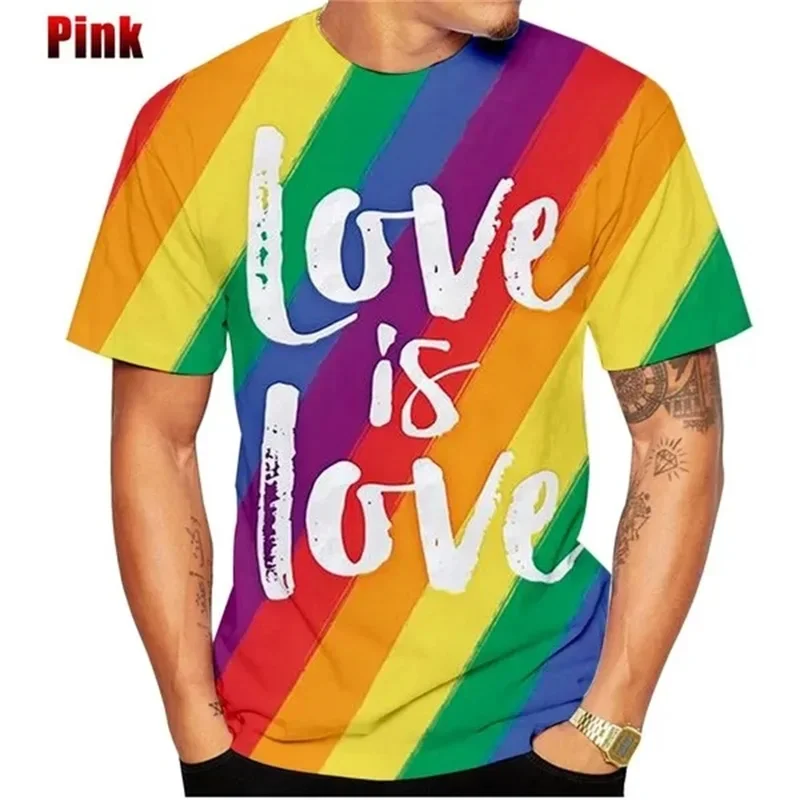 

2024 Summer 3D Rainbow Letter Print Men's and Women's T-shirt Hip Hop Street Casual Short-sleeved Sports Crewneck T-shirt