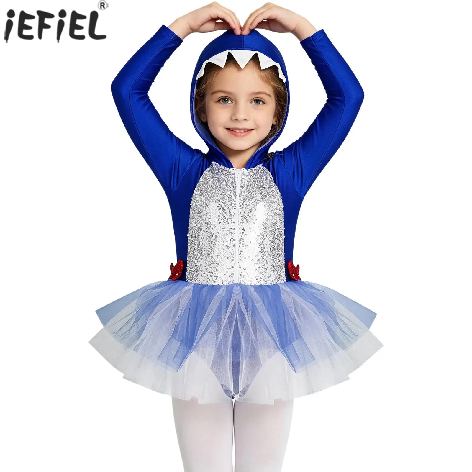 

Kids Girls Shark Costume Ballet Dance Gymnastics Leotard Long Sleeve Sequins Hooded Tulle Dresses for Halloween Party Cosplay