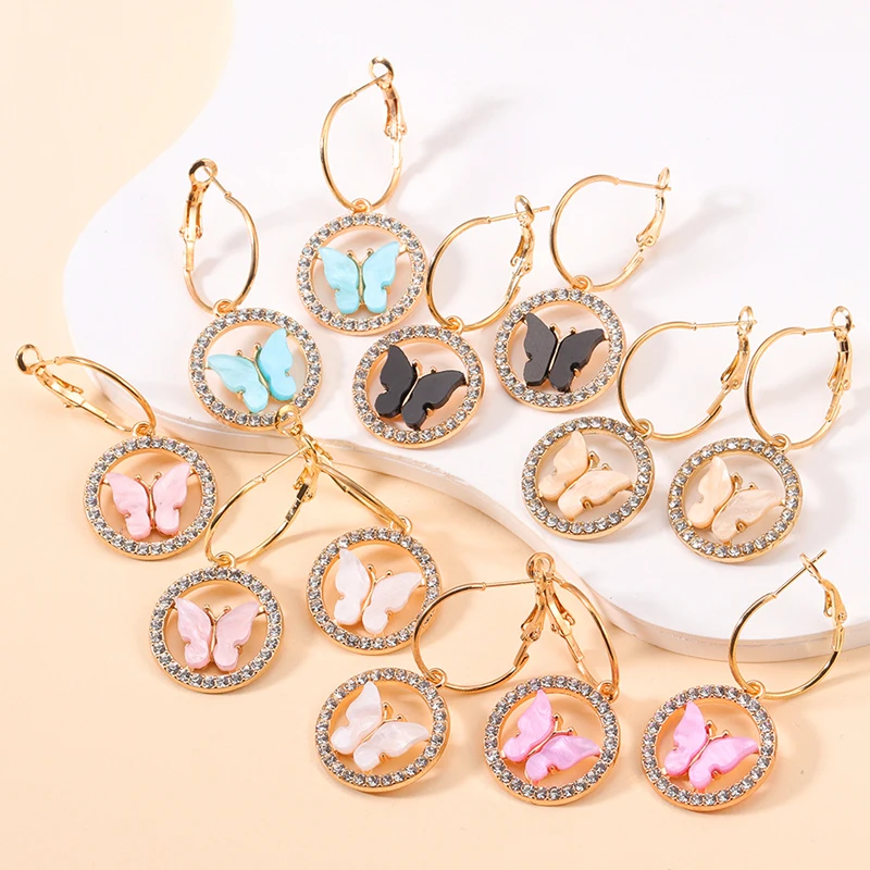 Delicate Shiny Rhinestone Butterfly Dangle Hoop Earrings For Women Girls Cute Insert Drop Earrings Jewelry Accessories Gifts