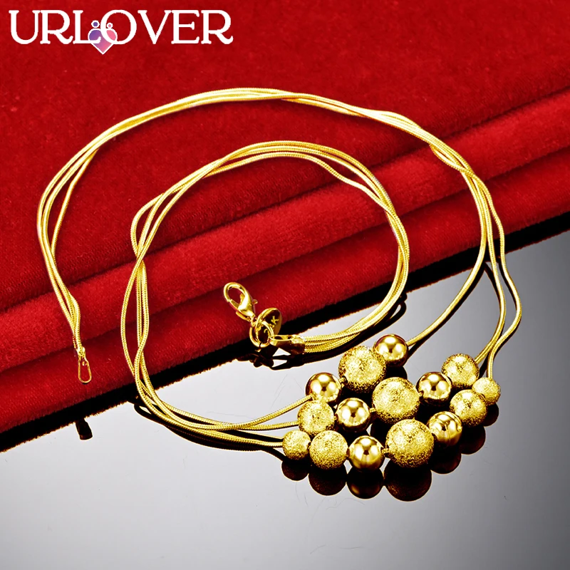 

URLOVER 24K Gold Necklace For Woman Three Line Frosted/Smooth Bead Chain Necklaces Lady Fashion Party Wedding Birthday Jewelry