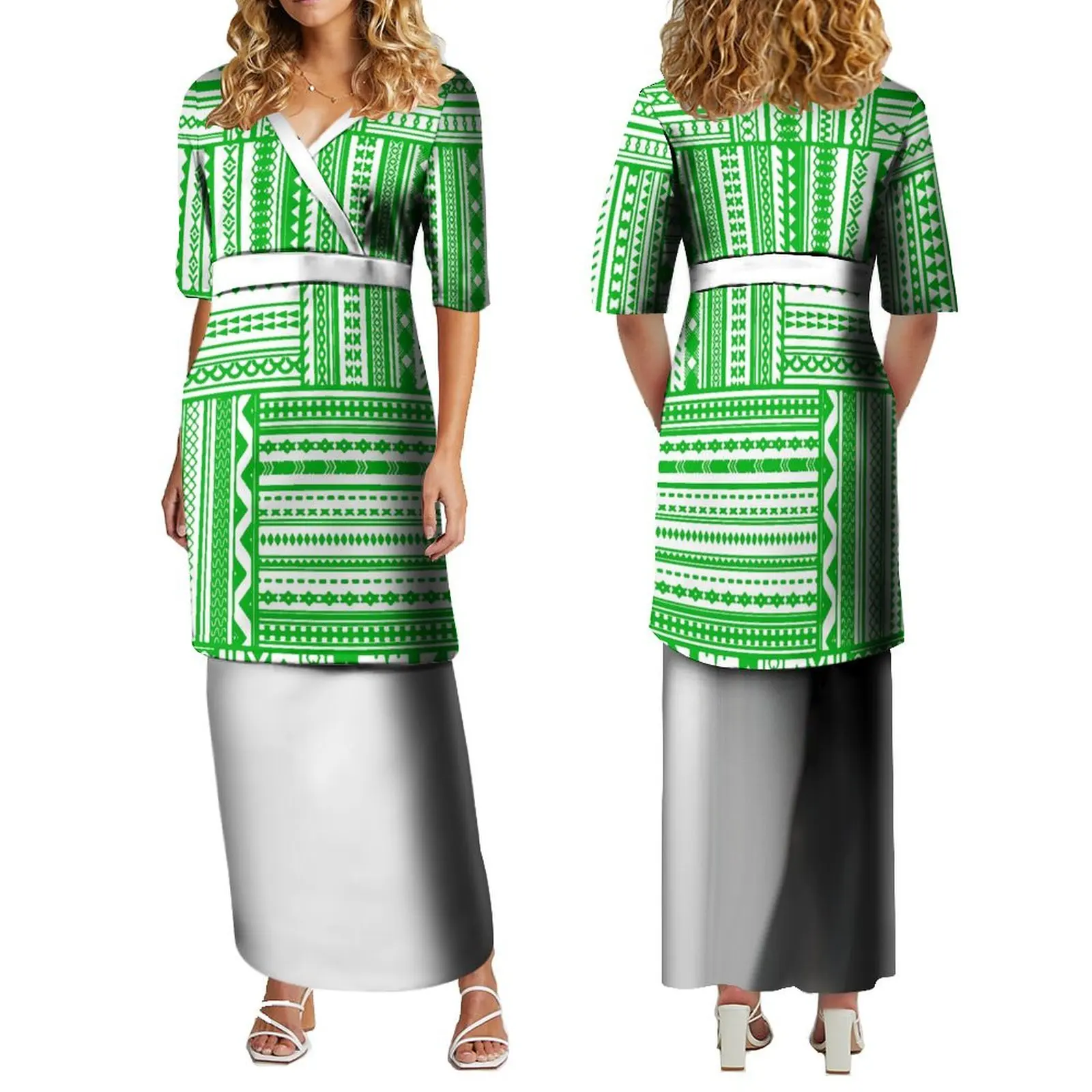 Fijian Style Island Double Suit Skirt  2024 New Fashion Polynesian Puletasi Elegant V-Neck Skirt Samoan Top And Skirt