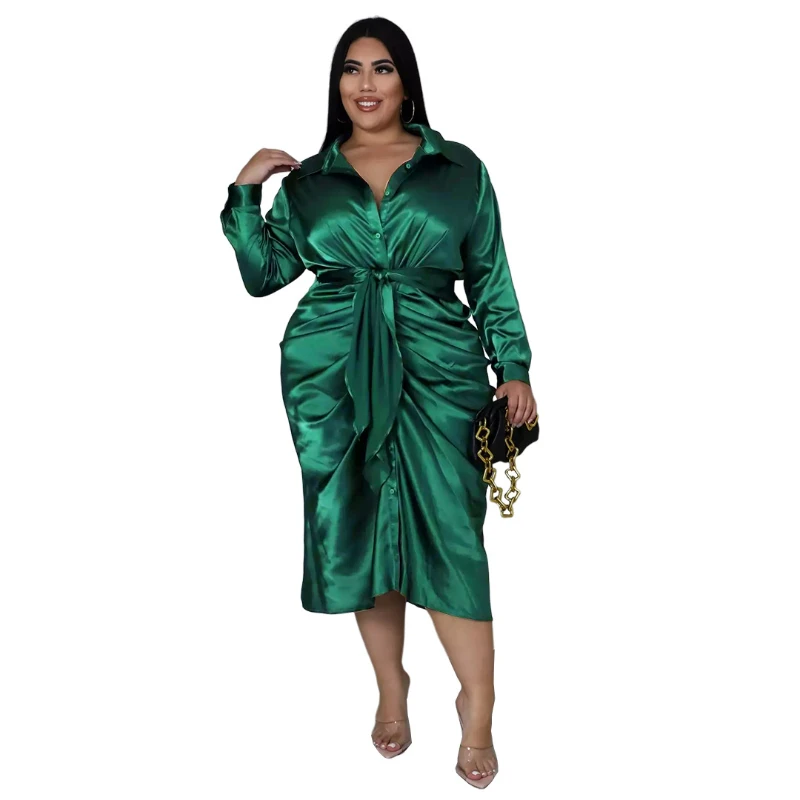 Elegant Satin Plus Size 5XL Women Shirt Dress Sexy Ruched Dresses Lace Up Evening Party Midi Drerss Vestido Africano Feminino