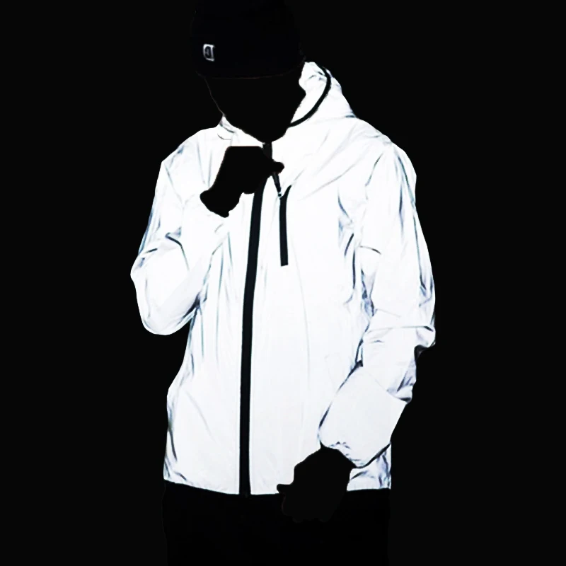 

Ночная светоотражающая куртка с капюшоном для мужчин и женщин, пары, уличная повседневная ветрозащитная куртка для верховой езды, бега, вечерние шоу, уличная одежда в стиле хип-хоп