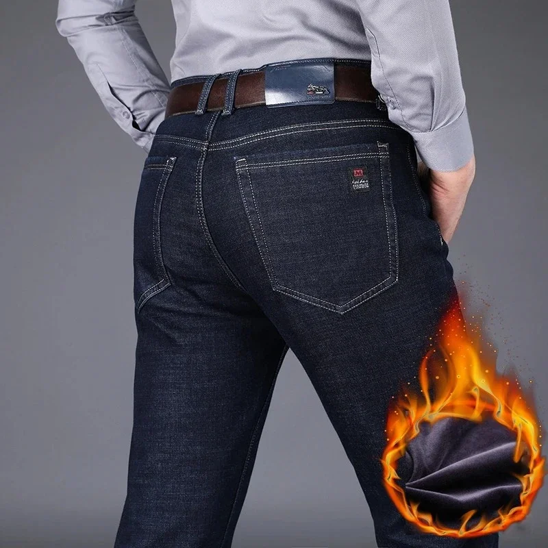 

Зимние флисовые деловые классические повседневные термомужские джинсы, теплые утепленные джинсовые брюки, эластичные плюшевые бархатные офисные брюки