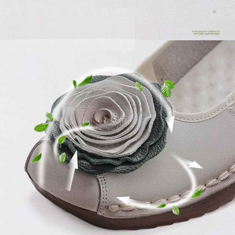 New Spring luxury cowhide leather shoes woman handmade flower flats retro wedged loafers ladies chic soft red dressy moccasins