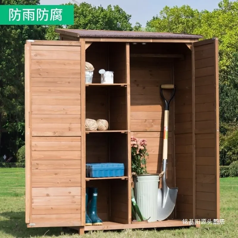 Solid Wood Outdoor Storage Cabinet Rainproof Sunscreen Garden Tool Locker for Courtyard Balcony Patio Weather Resistant