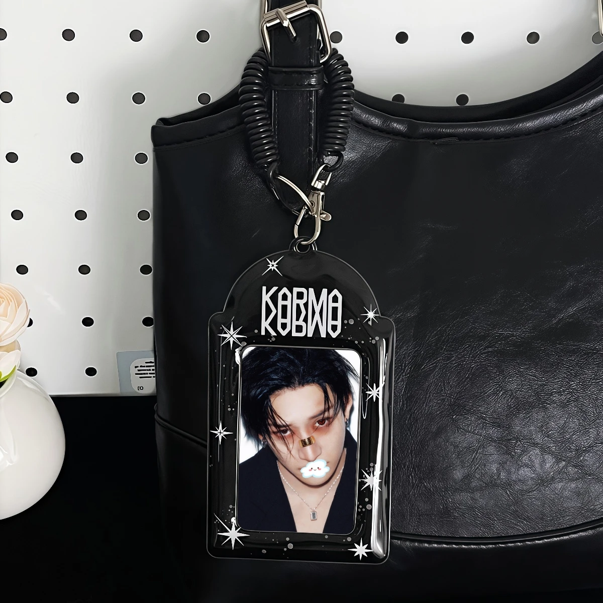 Tempat Kartu Foto Black and White Splash-Ink, Tempat Kartu Foto Album Idol K-Pop, Splash-Ink, Elemen Bintang, Bahan Pu, Cocok untuk Kartu Foto Mini 3-3,5 inci, Gantungan Kunci Tempat Kartu Foto