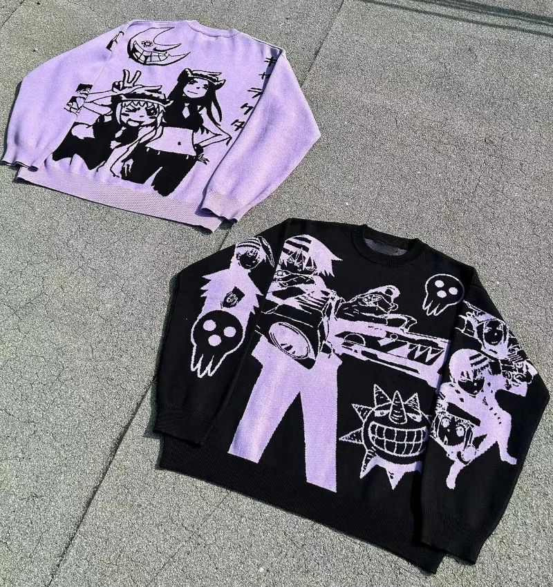 Harajuku women sweaters pullover winter 2000s Casual fashion streetwear knitwear Embroidery anime pattern oversized sweater top